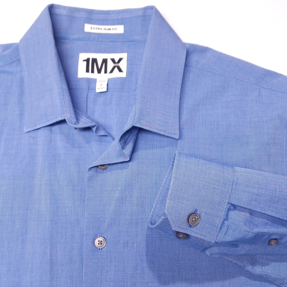 Express 1MX Dress Shirt Mens 16.5 34/35 Blue Extra Slim Stretch Long Sleeve